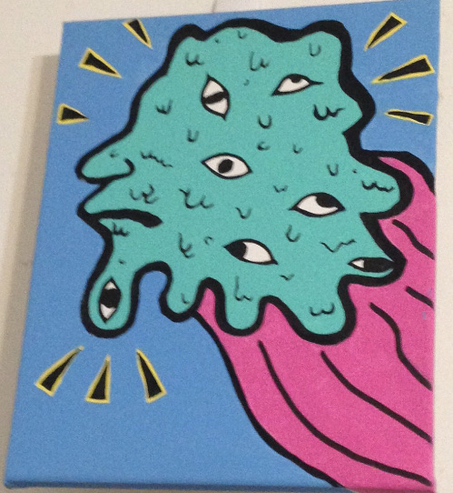 a melting face monster with many eyes flying up